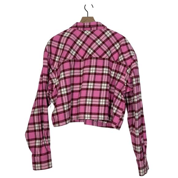 NEW Good American Cropped Shirt Women's Plus Size 5 (2X) Pink Plaid Pockets - Picture 3 of 8